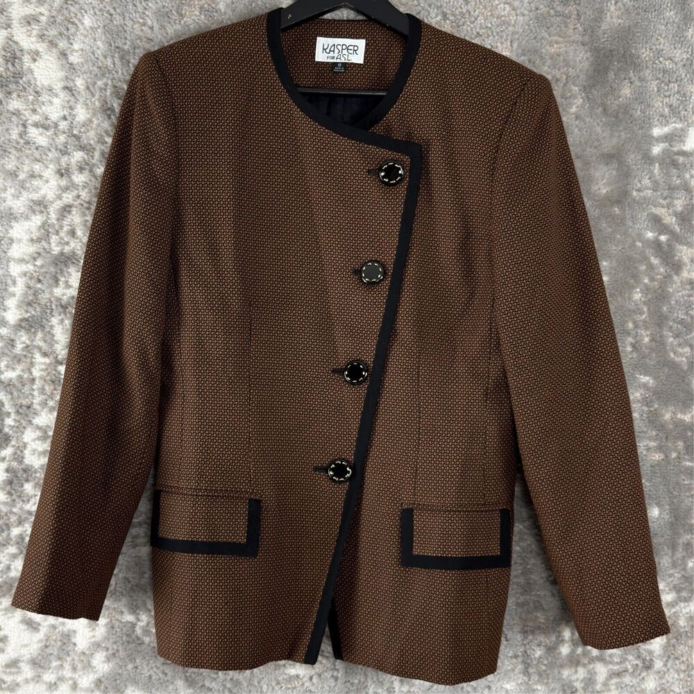 Kasper‎ ASL Size 8 4 Button Blazer Jacket Brown Long Sleeve Lined Round Neck